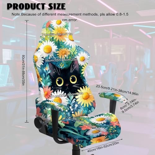 Suobstales Cat Daisy Flower Pattern Gaming Chair Cover, Removable Office Chair Cover with Zipper, Stretch Anti-dust Universal Washable High Back Computer Seat Protector for Pets - color: Cat Daisy Flower