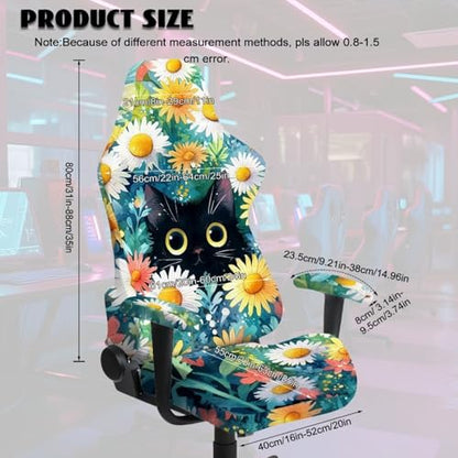 Suobstales Cat Daisy Flower Pattern Gaming Chair Cover, Removable Office Chair Cover with Zipper, Stretch Anti-dust Universal Washable High Back Computer Seat Protector for Pets - color: Cat Daisy Flower
