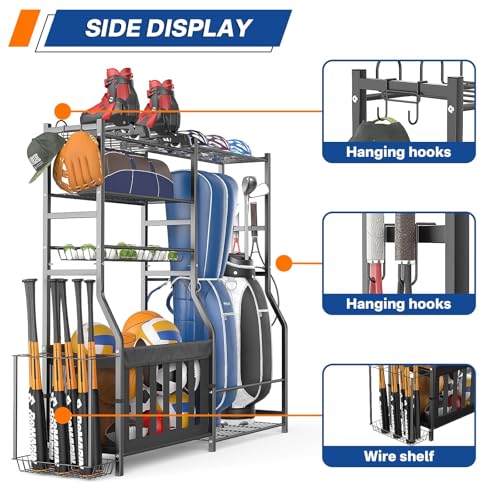 Heavy Duty Garage Sports Equipment Organizer, All-in-One Golf Bag Storage Rack & Multi-Sport Ball Holder for Basketballs, Bats & Kids Toys, Indoor/Outdoor Free Standing Gear Bin