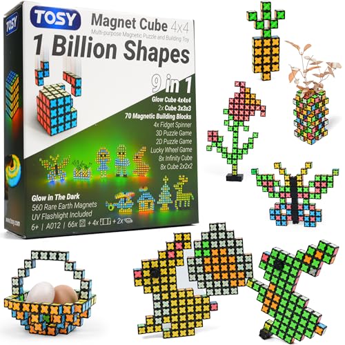 TOSY Magnet Cube 4x4 - 560 Magnets, 70 Blocks, 8 in 1 Toy: Puzzle Cube Game, Creative Building Blocks, Transformable Fidget Spinner, Infinity Cube, Magnet Tiles, UV Flashlight, Glowing STEM/STEAM Toy - color: Cube 4x4x4