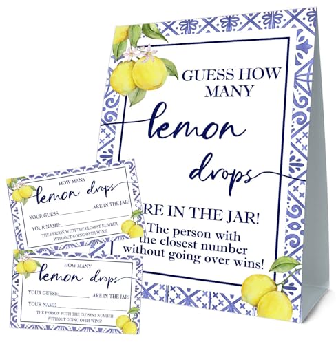Lemon Baby Shower Games, Guess How Many Card, Lemon Baby Shower Decorations, Party Games & Activities, 50 Cards and Sign - size: lemon