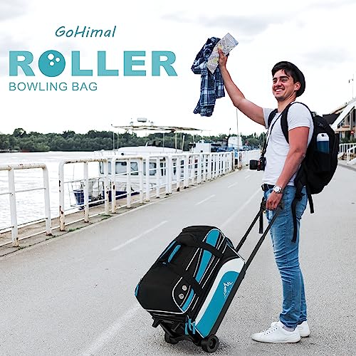 GoHimal Double Roller Bowling Bag, Shoe Compartment, Upgraded Fabric | Fits US men's size 15 shoes,multi pockets,retractable handle extends to 40",smooth-rolling wheels,lightweight design - color: Black-Blue