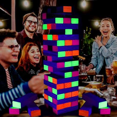 Ahuimeius 54 Piece Giant Tumble Tower Outdoor Games, Glow in the Blacklight Tumble Tower Yard Games,Outdoor Board Game for Adults for Family Game Night (Giant)