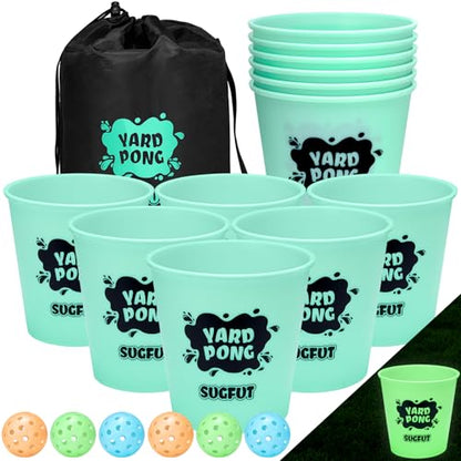 Yard Pong Outdoor Games, Giant Yard Games Set with 12 Buckets and Balls for Adults and Family, Toss Game Throwing Games for Beach, Camping, Lawn and Backyard - color: green