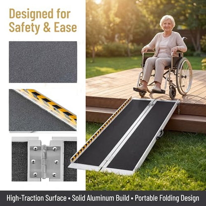 10 Feet Aluminum Folding Wheelchair Ramp for Home Steps | Non-Skid Handicap Threshold Wheel Chair Ramp for Home Steps, Stairs, Entry, Threshold, Doorways, 600LBS Capacity,28in Wide - size: 10FT-black