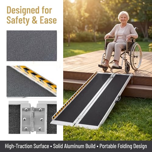 8FT Portable Wheelchair Ramp, Aluminum, 28in Wide, Black | Threshold Ramp For Wheelchair Scooter, Transitioning Curbs Thresholds Doorway Access, Anti Slip, 600 lbs Capacity - size: 8FT-tri-fold-black