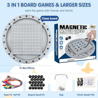 3 in 1 Board Games, 5-in-eine-Reihe-Spiel & Magnetic Chess & Rope Untangling Puzzle Game, 40 Pcs Stones, 100 Perlen, 10 String & Portable Storage Bag, Multi-Level Challenges Use for Kids Adults