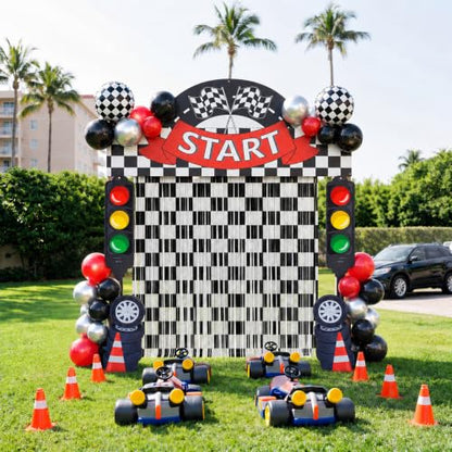 Peryiter 88 Pcs Race Car Party Decorations Set Checkered Start Backdrop Banner Black White Checker Foil Fringe Curtain Balloon Arch Kit, Racing Supplies for Birthday Car Show Kart Theme Games - style: Race Car