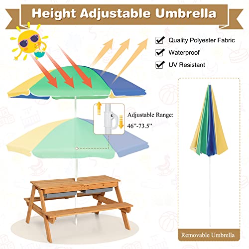 ARLIME Sand and Water Table - 3-in-1 Kids Picnic Table with Height Adjustable Umbrella, Removable Table Top & 2 Detachable Game Boxes, Water Play Table for Boys Girls, Outdoor Sensory Table (Colorful)