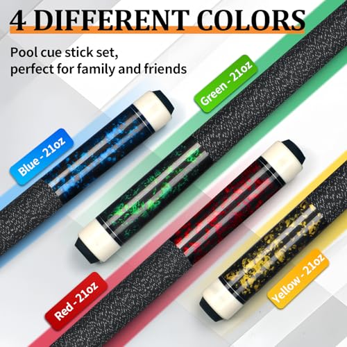 Kmise Pool Cue Stick Set of 4 - Canadian Maple Professional Pool Cues, New Upgraded Irish Linen Wire Grip, 18-21oz, 4 Colors Optional (Blue, Green, Red, Yellow, 21oz)