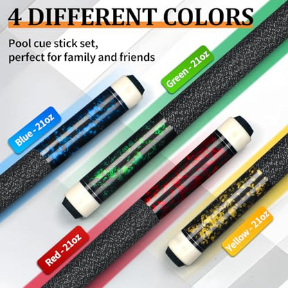 Kmise Pool Cue Stick Set of 4 - Canadian Maple Professional Pool Cues, New Upgraded Irish Linen Wire Grip, 18-21oz, 4 Colors Optional (Blue, Green, Red, Yellow, 21oz)