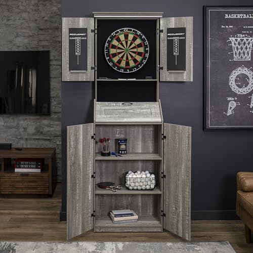 Accudart Dartboard Cabinet Set with LED Lighting – Premium Brazilian Sisal Board, Staple‑Free Razor Wire, Weathered Grey Cabinet, Built‑in Storage, Dual Chalkboards – Includes Steel‑Tip Darts