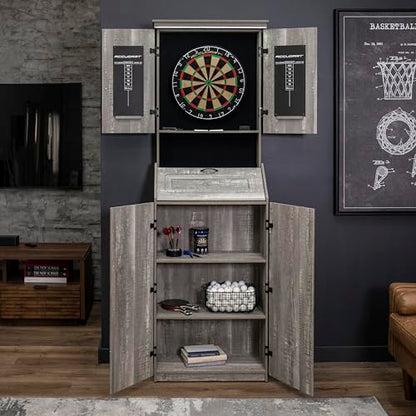 Accudart Dartboard Cabinet Set with LED Lighting – Premium Brazilian Sisal Board, Staple‑Free Razor Wire, Weathered Grey Cabinet, Built‑in Storage, Dual Chalkboards – Includes Steel‑Tip Darts