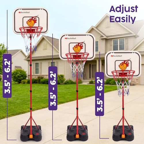 Kids Basketball Hoop Set with T Ball Stand, 4 in 1 Adjustable Kids Sports Toy Indoor Outdoor, Basketball Goal for Kids 2 to 8, Easy Setup, Durable Base, Gift Toy