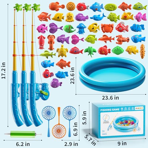 Magnetic Fishing Game Toys for Kids Toddlers 3-5 4-8, Water Table Bathtub Toys with Inflatable Pool Pole Rod Net Floating Fish, Water Bath Pool Outdoor Toys for Boys Girls Age 3 4 5 6 7 8 Year Old - style: 3 rods 3 nets 44 fish