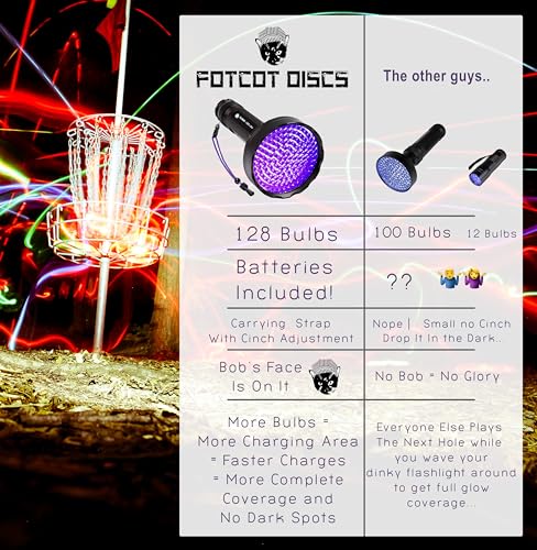 GlowBob Glow in The Dark Midrange Disc Golf Night Light Up Grip PDGA Approved Premium Plastic Recharge Cat Bob Stamp Black Blue Flashlight Combo Packs (GlowBob Black + Jumbo Flashlight)