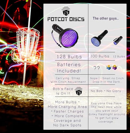 GlowBob Glow in The Dark Midrange Disc Golf Night Light Up Grip PDGA Approved Premium Plastic Recharge Cat Bob Stamp Black Blue Flashlight Combo Packs (GlowBob Black + Jumbo Flashlight)