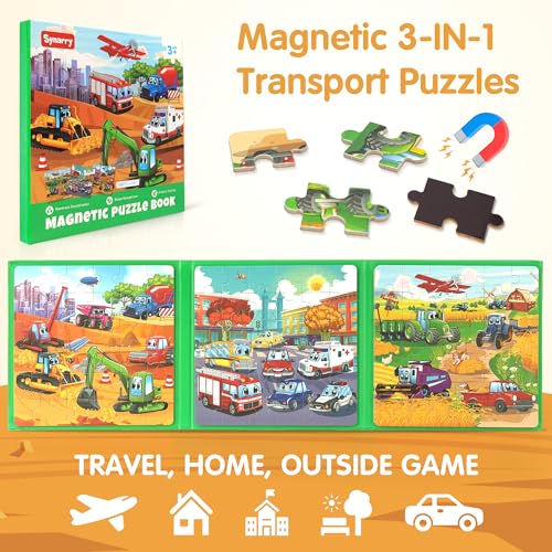SYNARRY Vehicle Theme Magnetic Puzzles for Toddlers 3-5, 36 Pieces Travel Puzzles for Kids Ages 4-8, Easter Basket Stuffers Gifts for Kids, Car Airplane Road Trip Activities Magnet Games Toy - style: Vehicle