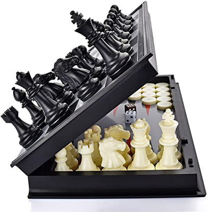 3 in 1 Magnetic Chess Checkers Backgammon Board Game Set with 12.5 Inch Folding Board Travel Games for Kids and Adults (Chess: Black & White) - color: Chess: Black & White