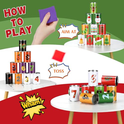 HyDren 13 Pcs Christmas Carnival Can Bean Bag Toss Games for Kids Adults Throwing Can Game for Birthday Family Festive Holiday Homeschooling Backyard Indoor Outdoor Supplies - style: Christmas