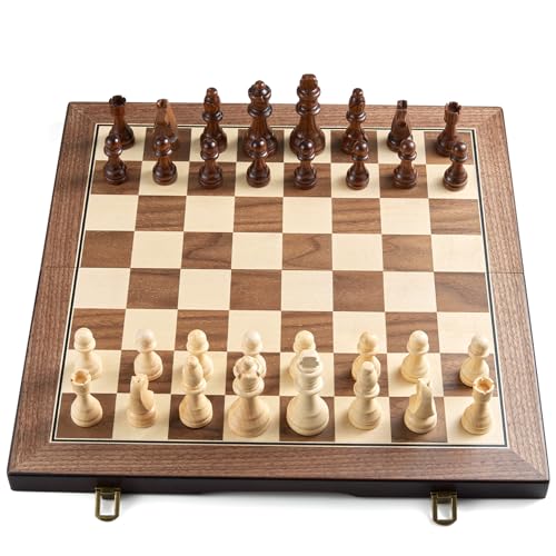 AMEROUS 17'' Magnetic Wooden Chess Set for Adults Kids - with Folding Board, Gift Package, Pieces Storage Slots, Handmade Pieces,Chess Board Game Set for Tournament Professional Beginner - size: 17 inches