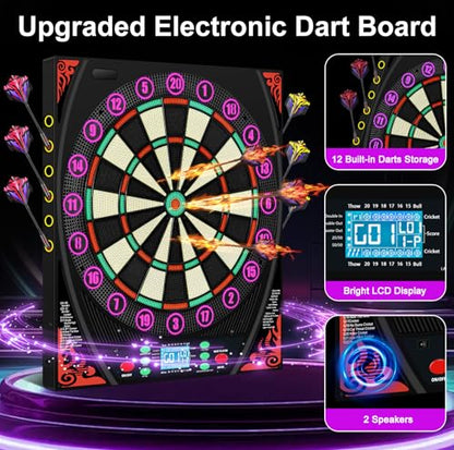 Electronic Dart Boards for Adults with Illuminated Number Ring&Backlit LED Display, Digital Dart Board Electronic with 34 Games&369 Options, Electronic Soft Tip Dart Board Set for 1-8 Players