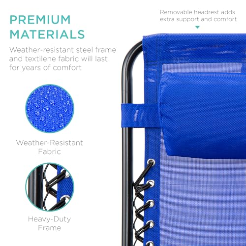 Best Choice Products Set of 2 Adjustable Steel Mesh Zero Gravity Lounge Chair Recliners w/Pillows and Cup Holder Trays - Cobalt Blue - color: Cobalt Blue, size: Standard