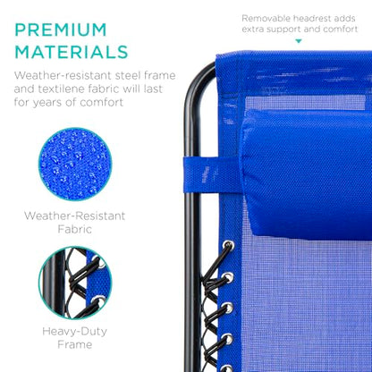 Best Choice Products Set of 2 Adjustable Steel Mesh Zero Gravity Lounge Chair Recliners w/Pillows and Cup Holder Trays - Cobalt Blue - color: Cobalt Blue, size: Standard