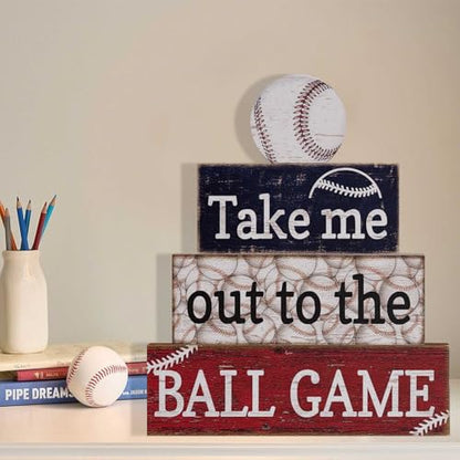 Baseball Party Table Decorations: 4 Pcs Baseball Wooden Sign Blocks Table Centerpieces Sports Signs Tabletop Tiered Tray Decor for Fans Boys Birthday Party Sport Club Home Shelf School Desk Locker