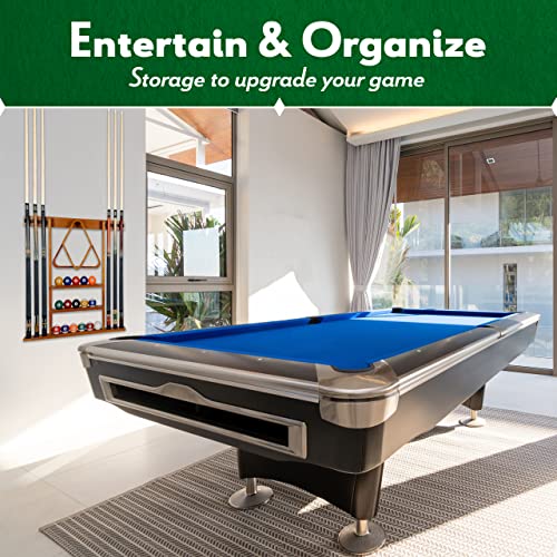 Pool Cue Rack - Billiard Pool Stick and Ball Holder Only - 100% Wood Wall Mount Holds 6 Cues and 16 Balls - Pool Table Accessories, Mahogany