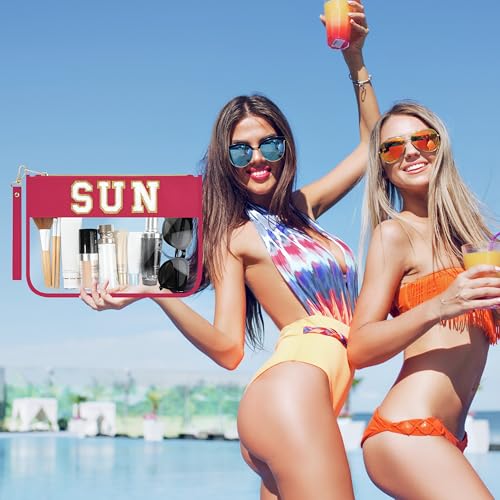 BuyCard Preppy Patch Sun Cosmetic Bag Summer Sunscreen Toiletry Bag Portable PVC & Nylon Waterproof Makeup Bag Daily Use Storage Purse Travel Swimming Beach Bag for Women Girls - color: Pink