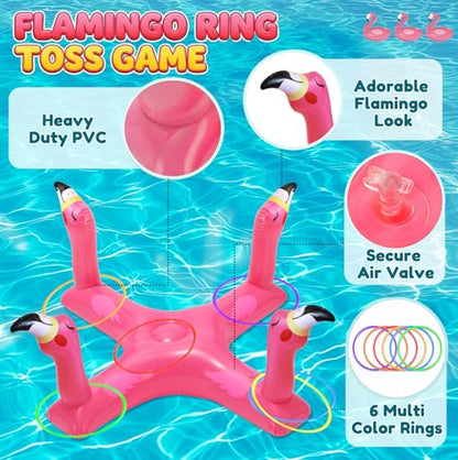 Pool Games & Toys, Inflatable Flamingo & Shark Ring Toss - Floating Water Game Set for Kids Ages 4-8 8-12, Adults and Family - Summer Swimming Pool Party Decorations