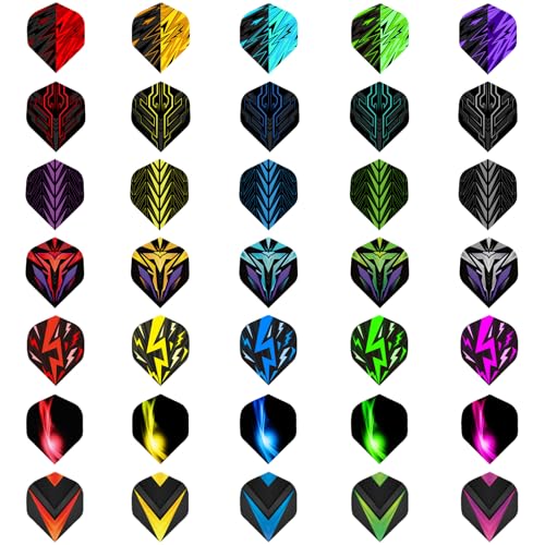 Dart Flights 105 Pieces (35 Unique Sets), 100 Micron PET, Universal Fit for Aluminum & PVC Shafts, for Steel & Soft Tip Darts, Premium Tournament Quality with 7 Designs