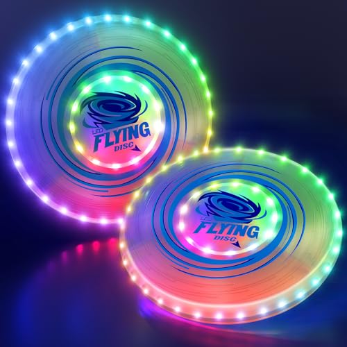Wee Wonders 2 Pack Light Up Flying Discs for Kids Adults, Rechargeable 10" Disc with 45 LEDs, 14 Lighting Modes, Glow in The Dark Flying Ring for Beach Camping Outdoor Sport Game - size: 2PCS: 10in + 10"