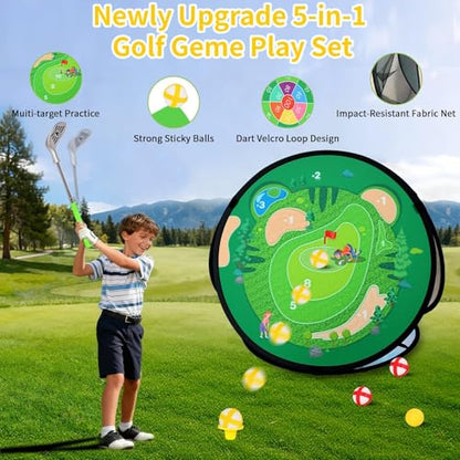 AOSITE Toddler Golf Set, 5 in 1 Kids Golf Set with 3 Golf Clubs, Putting Mat, 4-Sided Chipping Net, Golf Sport for Kid, Indoor Outdoor Kids Sticky Backyard Golf Games Toys Activitie Birthday Gift 3+
