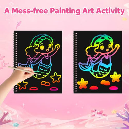 ZMLM Scratch Paper Art Craft: 2 Pack Rainbow Scratch Set for 3 4 5 6 7 8 9 10 Years Old Girls Boys Students Drawing Coloring Black Magic Art Supplies Kits Gifts School Birthday Party Toys (Mermaid) - style: Mermaid