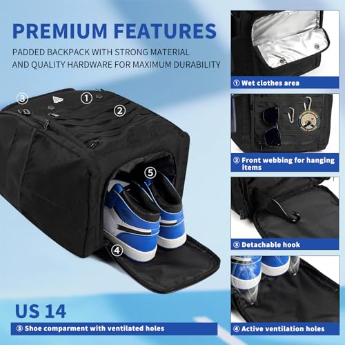 Pro 52L Pickleball Bag with Padded Paddle Protection Fits 6-10 Paddles,Ventilated Shoe Compartment,Wet Dry Separation,Hidden Ball Net,Designed for 2 Players Family and Couples - color: Black