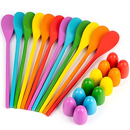 24 Pack Easter Egg and Spoon Race Game, 6 Colors Egg Spoon Race Game Sets with 12 Eggs and 12 Spoons, Halloween Egg Hunt Games, Easter Egg Toys for Kids