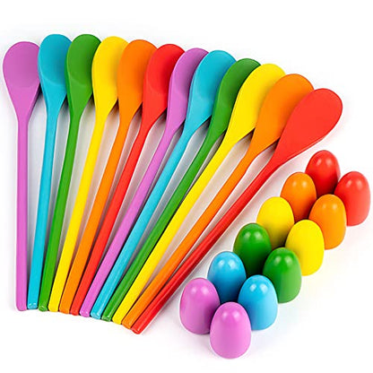 24 Pack Easter Egg and Spoon Race Game, 6 Colors Egg Spoon Race Game Sets with 12 Eggs and 12 Spoons, Halloween Egg Hunt Games, Easter Egg Toys for Kids