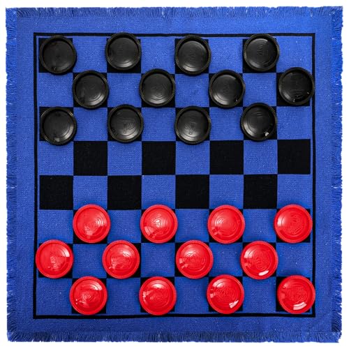 Yarlung Giant Checkers Set Tic Tac Toe Game, 3 in 1 Jumbo Checkers Game Board for Family Camping, Yard, Lawn Games, 2 Players, Blue Reversible Rug
