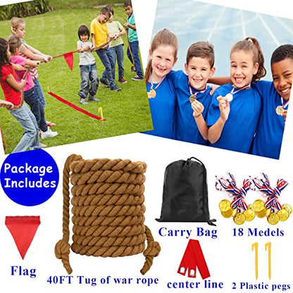 Outdoor Games 40FT Tug of War Rope Brown & Potato Sack Race Bags Kit for Kids and Adults, Field Day Family Reunion Outside Yard Summer Backyard Lawn Picnic Carnival Fun Easter Games