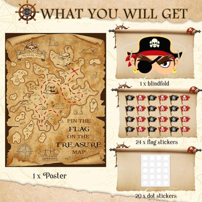 Faccito Pirate Treasure Map Party Games Pin The Flag on The Treasure Map Adventure Pin Game Set Include Poster 24 Flag Stickers Blindfold for Pirate Birthday Party Decorations Activities Supplies - style: Pirate Map