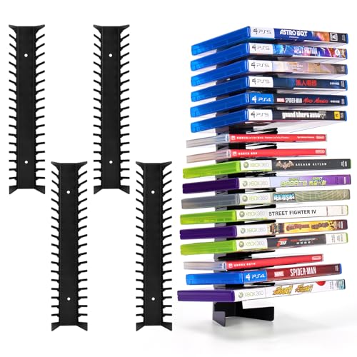 4 Pack Video Game Case Storage Wall Mount - Holds Up to 72 Disc Boxes,Metal Wall Mounted Game Case Holder for PS,DVD,Xbox Game Organizer