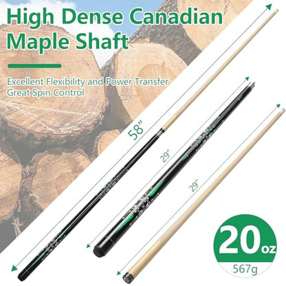 Pool Cue, 58" Billiard Cue Stick 2-Piece Maple Wood Pool Cue Stick 18 19 20 21oz for Bar House Pool Table Sports - color: Green 20oz