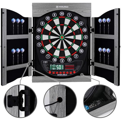 WIN.MAX Electronic Dart Board Soft Tip Dartboard Set LED Displays 3 Languges with Cabinet - style: grey