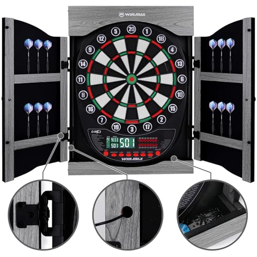 WIN.MAX Electronic Dart Board Soft Tip Dartboard Set LED Displays 3 Languges with Cabinet - style: grey