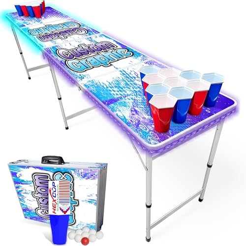 8-Foot Regulation Length Folding Table w/Optional Cup Holes, LED Lights, Custom Graphic (Choose Your Model) - color: Custom, style: w/ LED Lights