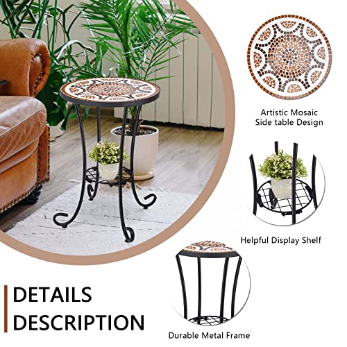 VCUTEKA Outdoor Side Table Mosaic Patio Table Accent Tables Mosaic Tile Top Metal Frame Small End Tables Porch Beach Patio Garden Balcony Russet 14'' - color: Russet