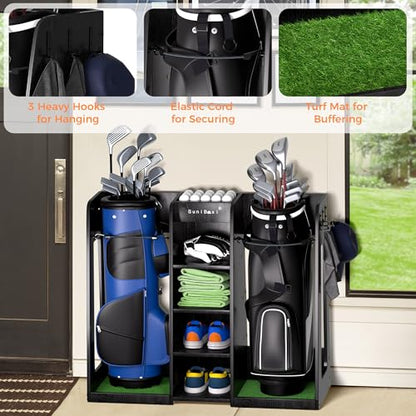 SuniBoxi Wooden Golf Storage Organizer for Garage, Premium Golf Bag Holder Rack for Golfing Accessories, Great Gift for Golfers,Husband, Dad(2 Bags,Dark Black) - size: 2 Bags