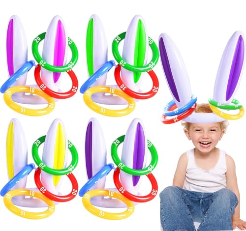 [16 Score Rings ] 4 Pack Easter Inflatable Bunny Rabbit Ears Ring Toss Game Easter Basket Stuffers for Kids Party Games Inflatable Gifts for Indoor Outdoor Toys Party Supplies Family Game